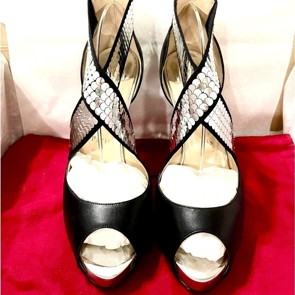 Christian Louboutin Hyper sequin cross strap peep toe Napa leather black EU39.5